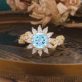 Nature-Inspired Sunflower 4-Prong Round Cut Aquamarine Engagement Ring